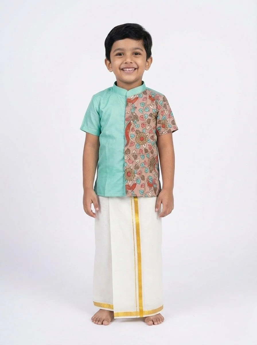 Turquoise Blue Kalamkari Kurta Shirt & Vesti Set